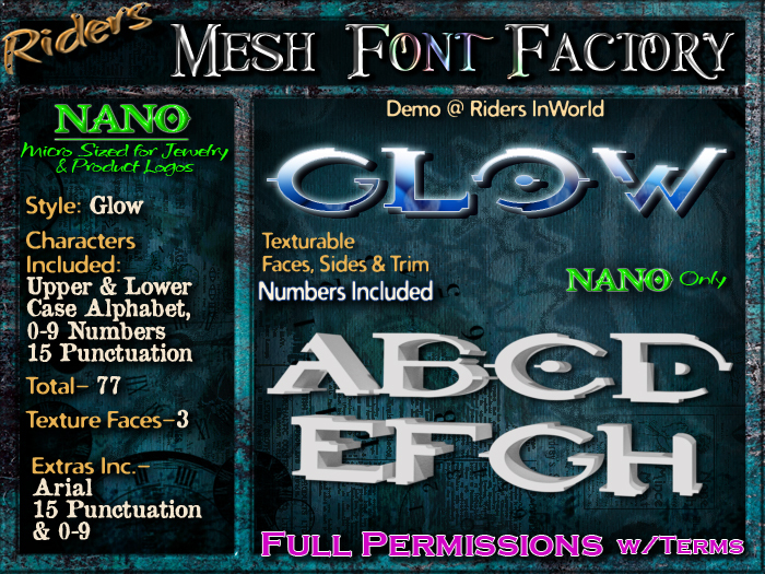 Riders Mesh Font Set (Glow) [[NANO]]- Nano Only! Multiple Faces- INCLUDING #'s, Tiny Mesh Fonts Ideal For Jewelry