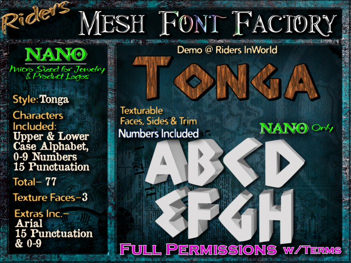 Riders Mesh Font Set (Tonga) [[NANO]]- Nano Only! Multiple Faces- INCLUDING #'s, Tiny Mesh Fonts Ideal For Jewelry