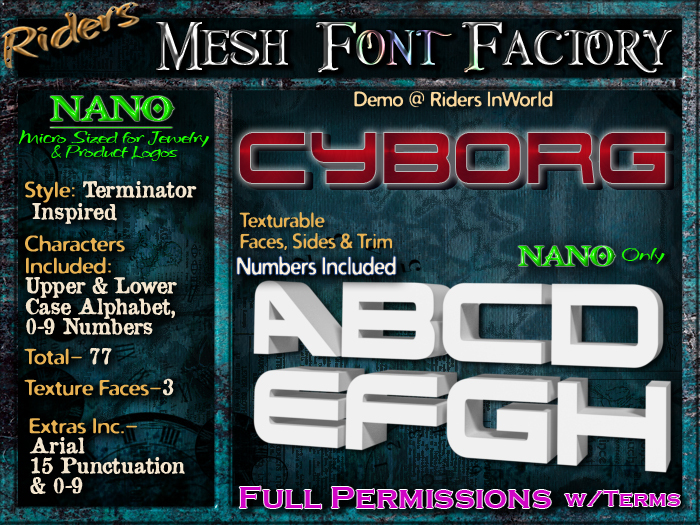 Riders Mesh Font Set (Cyborg) [[NANO]]- Nano Only! Multiple Faces- INCLUDING #'s, Tiny Mesh Fonts Ideal For Jewelry