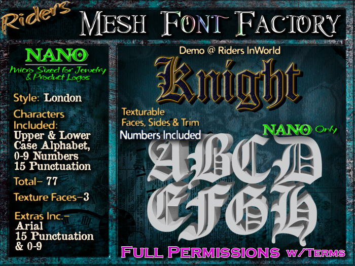 Riders Mesh Font Set (London) [[NANO]]- Nano Only! Multiple Faces- INCLUDING #'s, Tiny Mesh Fonts Ideal For Jewelry