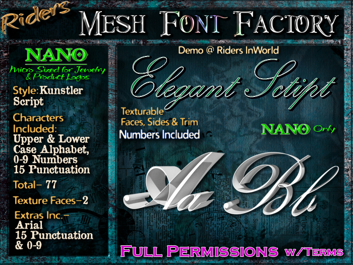 Riders Mesh Font Set (Script1) [[NANO]]- Nano Only! Multiple Faces- INCLUDING #'s, Tiny Mesh Fonts Ideal For Jewelry