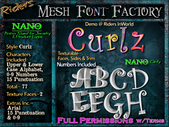 Riders Mesh Font Set (Curlz) [[NANO]]- Nano Only! Multiple Faces- INCLUDING #'s, Tiny Mesh Fonts Ideal For Jewelry