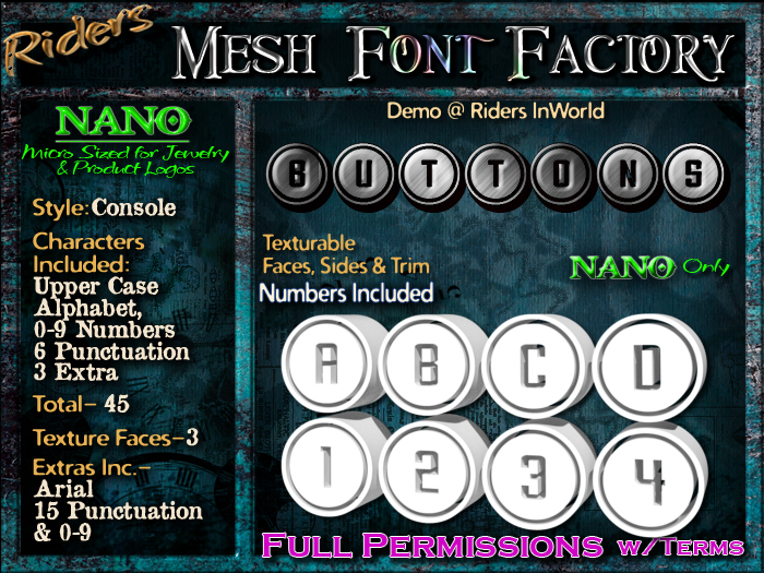 Riders Mesh Font Set (Buttons) [[NANO]]- Nano Only! Multiple Faces- INCLUDING #'s, Tiny Mesh Fonts Ideal For Jewelry