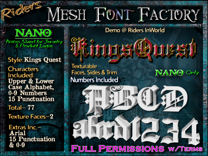 Riders Mesh Font Set (Kings Quest) [[NANO]]- Nano Only! - INCLUDING #'s, Tiny Mesh Fonts Ideal For Jewelry