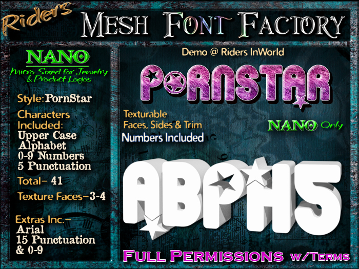 Riders Mesh Font Set (PornStar) [[NANO]]- Nano Only! Multiple Faces- INCLUDING #'s, Tiny Mesh Fonts Ideal For Jewelry