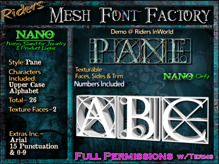 Riders Mesh Font Set (Pane) [[NANO]]- Nano Only! Multiple Faces- INCLUDING #'s, Tiny Mesh Fonts Ideal For Jewelry