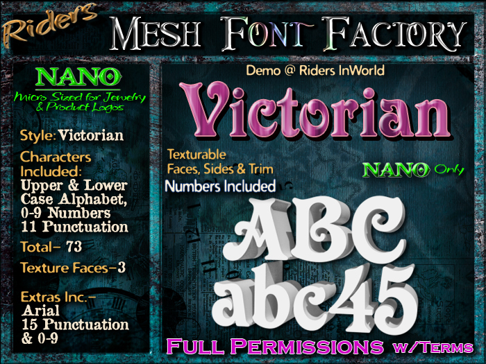 Riders Mesh Font Set (Victorian) [[NANO]]- Nano Only! Multiple Faces- INCLUDING #'s, Tiny Mesh Fonts Ideal For Jewelry