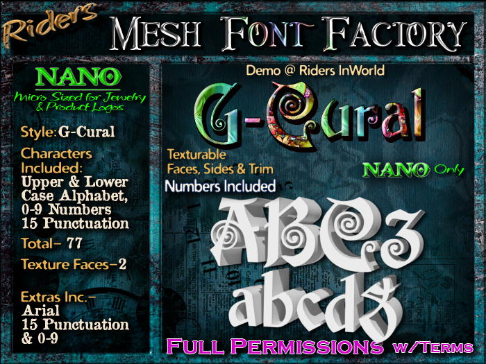Riders Mesh Font Set (G-Curl) [[NANO]]- Nano Only! Multiple Faces- INCLUDING #'s, Tiny Mesh Fonts Ideal For Jewelry
