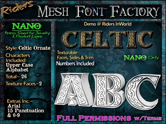 Riders Mesh Font Set (Celtic Ornate) [[NANO]]- Nano Only! - INCLUDING #'s, Tiny Mesh Fonts Ideal For Jewelry