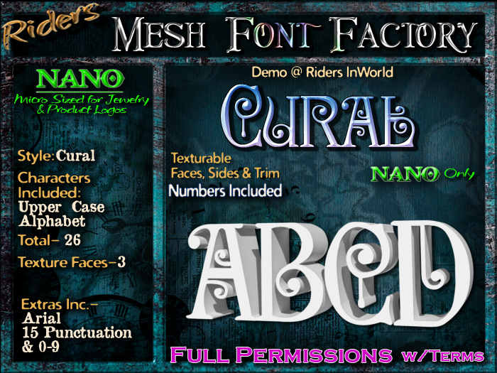 Riders Mesh Font Set (Cural) [[NANO]]- Nano Only! Multiple Faces- INCLUDING #'s, Tiny Mesh Fonts Ideal For Jewelry