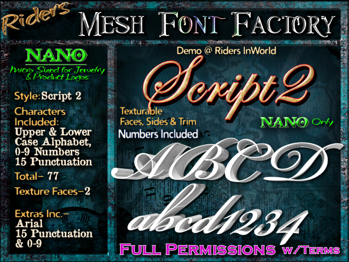 Riders Mesh Font Set (Script 2) [[NANO]]- Nano Only! Multiple Faces- INCLUDING #'s, Tiny Mesh Fonts Ideal For Jewelry