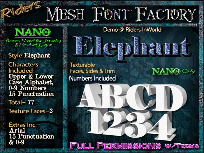 Riders Mesh Font Set (Elephant) [[NANO]]- Nano Only! Multiple Faces- INCLUDING #'s, Tiny Mesh Fonts Ideal For Jewelry