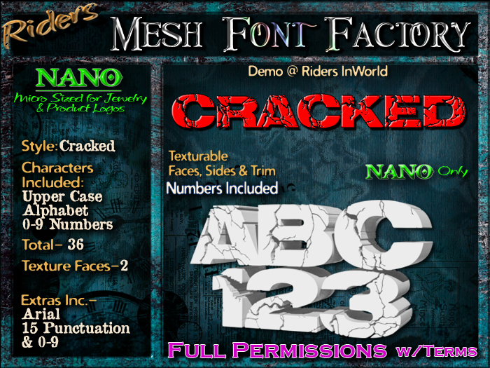 Riders Mesh Font Set (Cracked) [[NANO]]- Nano Only! Multiple Faces- INCLUDING #'s, Tiny Mesh Fonts Ideal For Jewelry