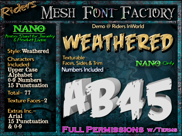 Riders Mesh Font Set (Weathered) [[NANO]]- Nano Only! Multiple Faces- INCLUDING #'s, Tiny Mesh Fonts Ideal For Jewelry