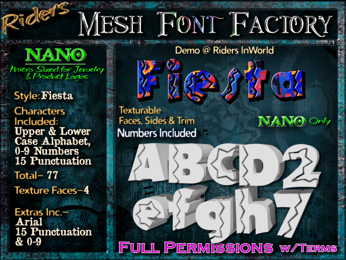 Riders Mesh Font Set (Fiesta) [[NANO]]- Nano Only! Multiple Faces- INCLUDING #'s, Tiny Mesh Fonts Ideal For Jewelry