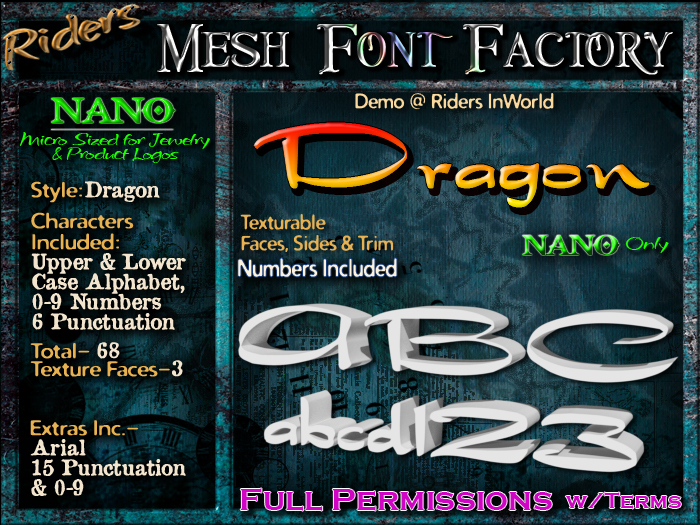 Riders Mesh Font Set (Dragon) [[NANO]]- Nano Only! Multiple Faces- INCLUDING #'s, Tiny Mesh Fonts Ideal For Jewelry
