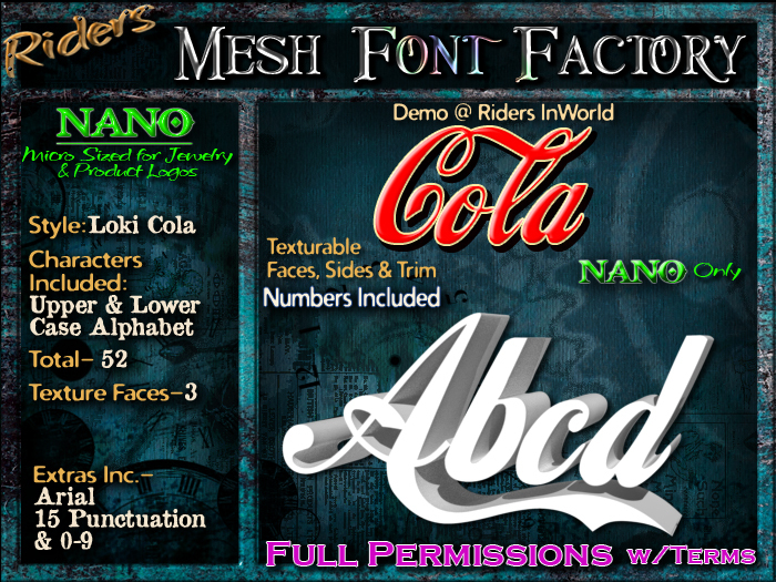 Riders Mesh Font Set (Cola) [[NANO]]- Nano Only! Multiple Faces- INCLUDING #'s, Tiny Mesh Fonts Ideal For Jewelry