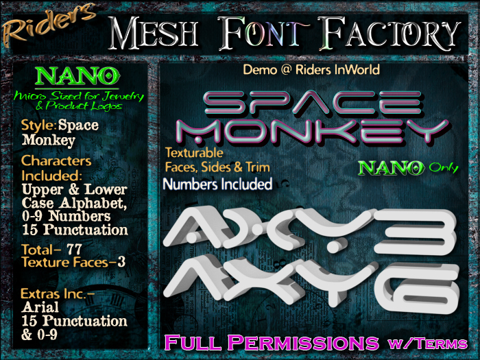 Riders Mesh Font Set (Space Monkey) [[NANO]]- Nano Only! - INCLUDING #'s, Tiny Mesh Fonts Ideal For Jewelry