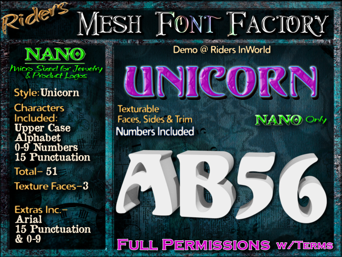 Riders Mesh Font Set (Unicorn) [[NANO]]- Nano Only! Multiple Faces- INCLUDING #'s, Tiny Mesh Fonts Ideal For Jewelry