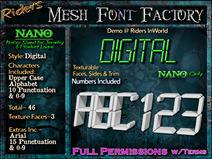 Riders Mesh Font Set (Digital) [[NANO]]- Nano Only! Multiple Faces- INCLUDING #'s, Tiny Mesh Fonts Ideal For Jewelry