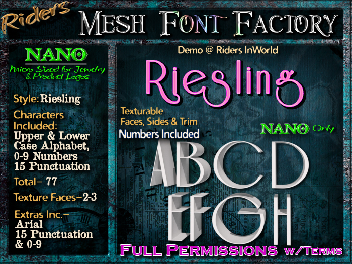 Riders Mesh Font Set (Reisling) [[NANO]]- Nano Only! Multiple Faces- INCLUDING #'s, Tiny Mesh Fonts Ideal For Jewelry