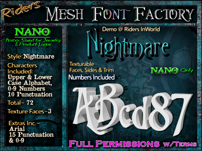 Riders Mesh Font Set (The Dead) [[NANO]]- Nano Only! Multiple Faces- INCLUDING #'s, Tiny Mesh Fonts Ideal For Jewelry