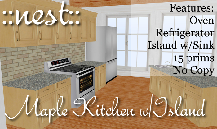 ::nest:: Low Prim Maple Kitchen w/Island (15 Prims)