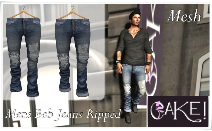 [[>CaKe!!<]]-Mens_Mesh_Bob-Jeans Ripped-Blue