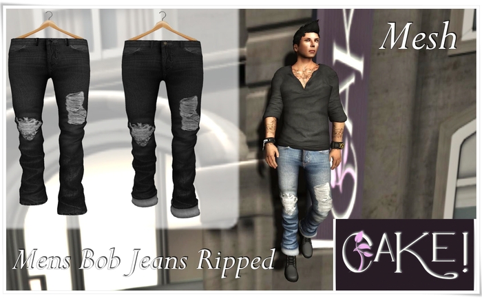 [[>CaKe!!<]]-Mens_Mesh_Bob-Jeans Ripped-Black