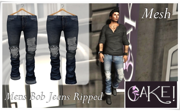 [[>CaKe!!<]]-Mens_Mesh_Bob-Jeans- Ripped Dark Blue