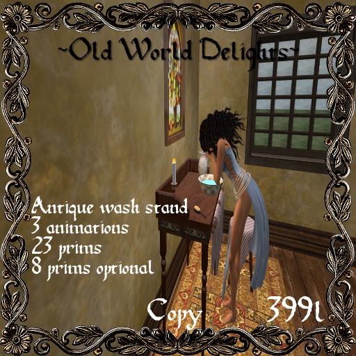 Dark wood washing stand w/ stool - 23 prims 