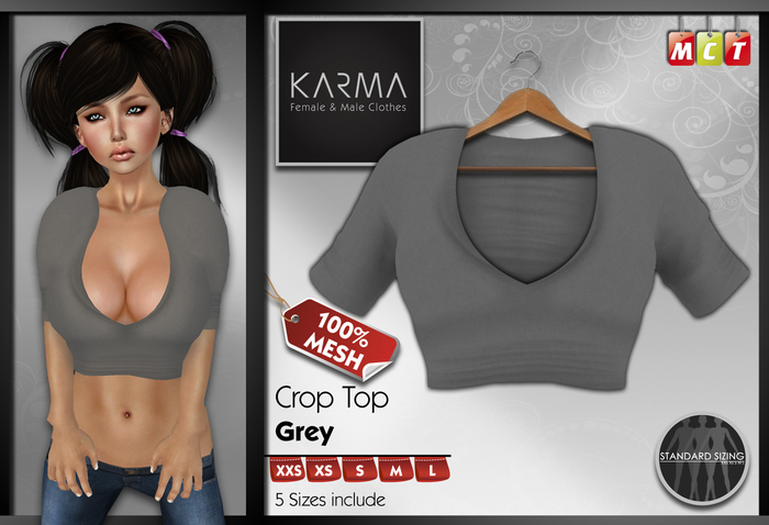 Karma - Mesh - Top court Col V - Gris - 5 Tailles incluses