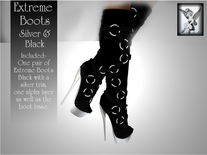 ~TB~ Extreme Ladies Fetish Boots - Black & Silver