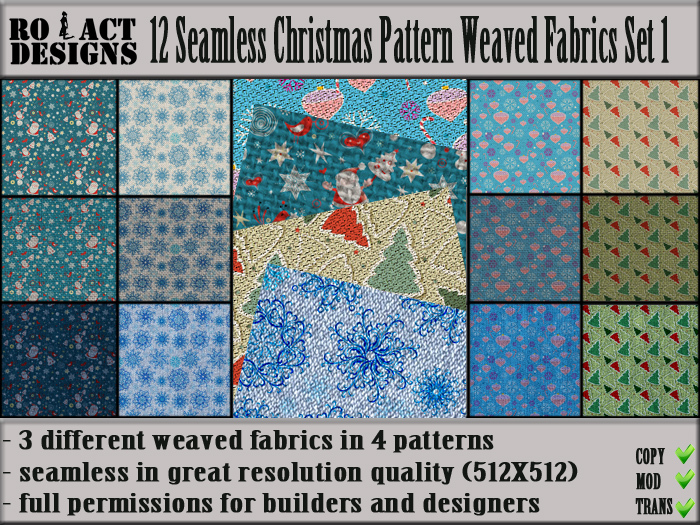 Ro!Act Designs 12 Seamless Christmas Patern Weaved Fabrics Set 1
