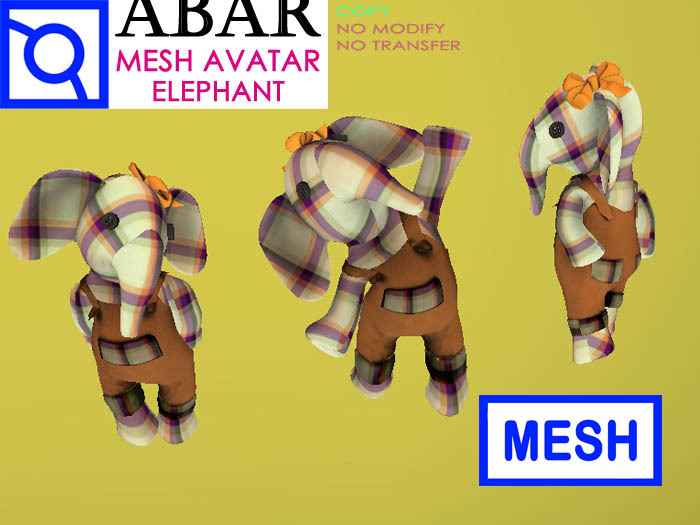 ABAR - AVI001E MESH AVATAR ELEPHANT with OVERALL