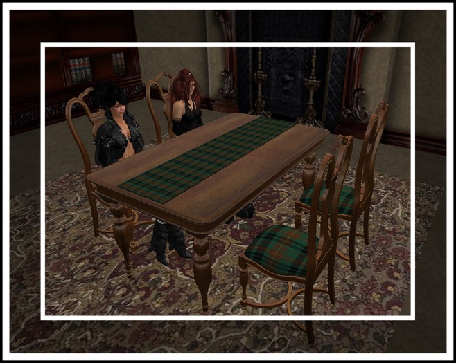 Dining Table and Chairs with Tartan Seating and Table Runner