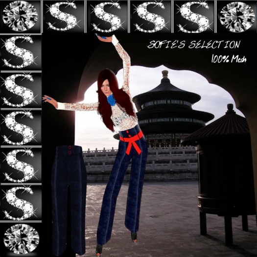 <S> Mesh High Waist Pants(Blue-Velvet)