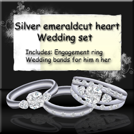 Silver emerald cut Heart Wedding Set
