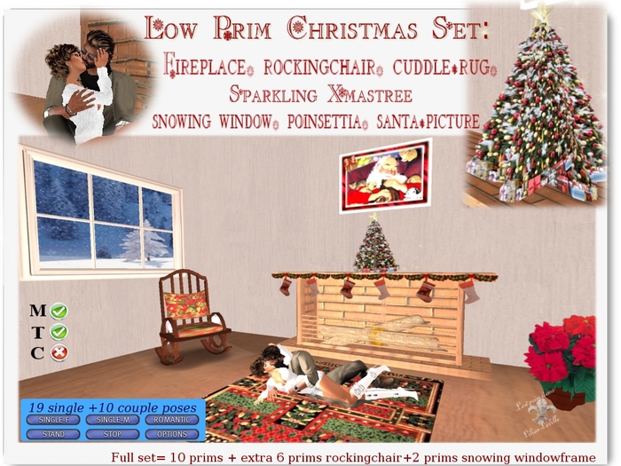 Low Prim Christmas Set, Fireplace, Rug, Rocking chair