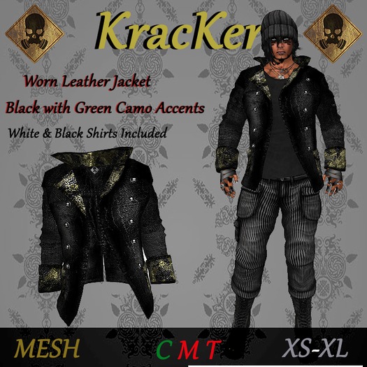 Worn Leather Jacket ~ Black/Green Camo