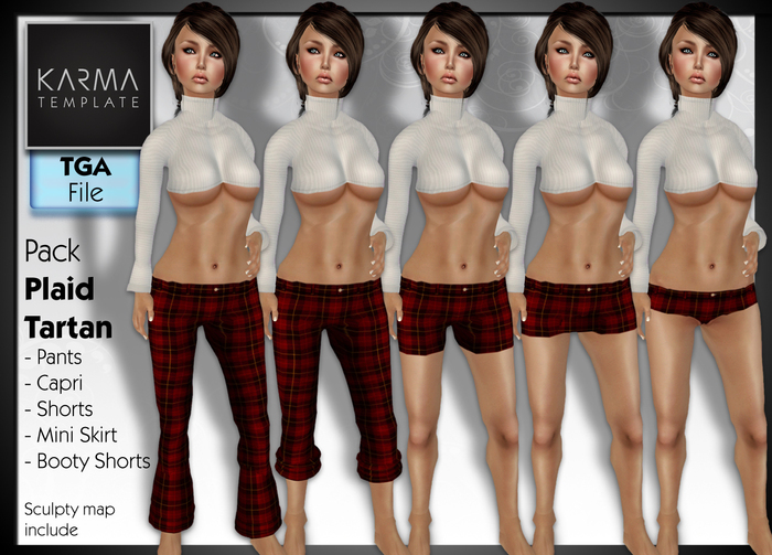 Karma Template - Tga - Pack Red Plaid Tartan : Pants, Capri, Shorts, Mini Skirt, Booty Shorts