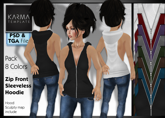 Karma Template - PSD & Tga - Zip Front Sleeveless with Sculpted Hoodie - High detailled Texture