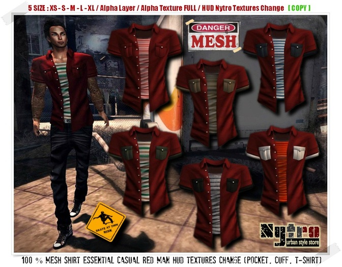 $$ - NyTrO - $$ RIGGED MESH Shirt Essential Casual RED Man HUD Textures Change Urban Style NEW 2012.! (Box)