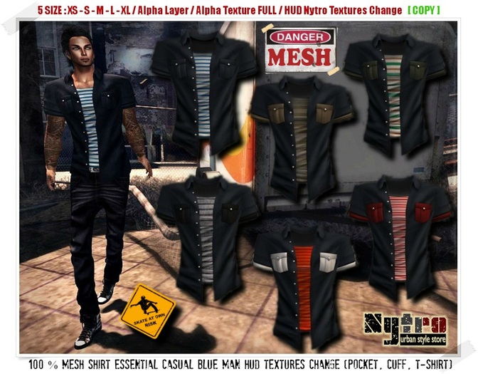 $$ - NyTrO - $$ RIGGED MESH Shirt Essential Casual BLUE Man HUD Textures Change Urban Style NEW 2012.! (Box)