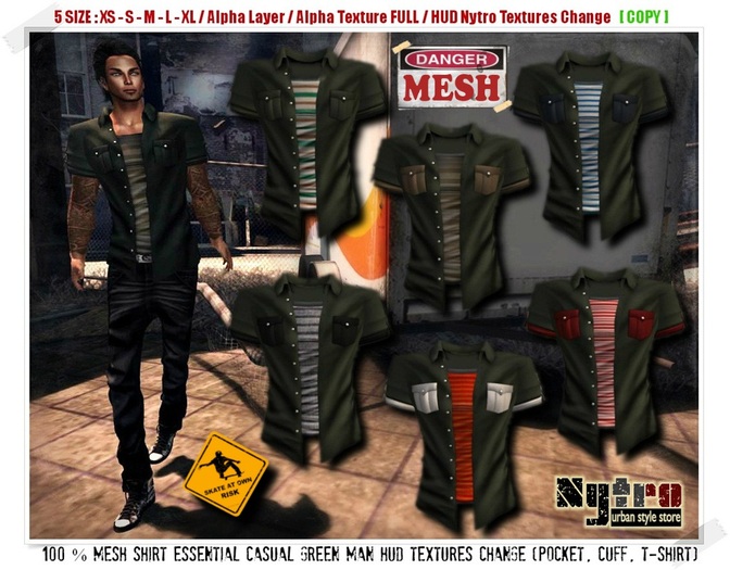 $$ - NyTrO - $$ RIGGED MESH Shirt Essential Casual GREEN Man HUD Textures Change Urban Style NEW 2012.! (Box)