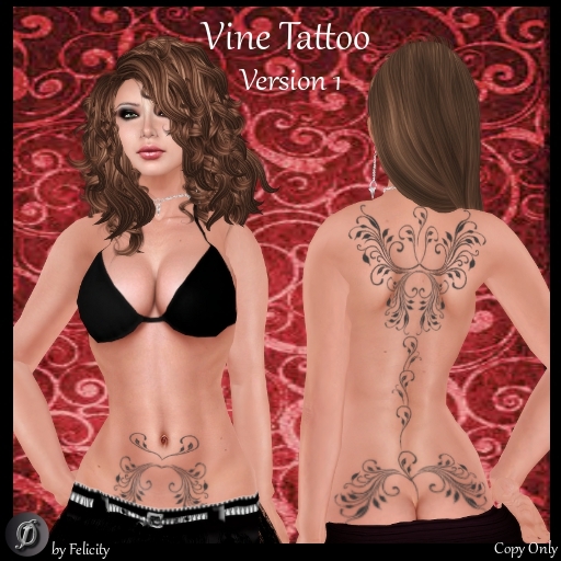 *Felicity* Tattoo - Vine Version 1 (Faded Black Tattoo for Back/Spine, Lower Back, Belly) Maitreya Slink Appliers