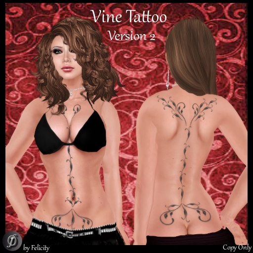 *Felicity* Tattoo - Vine Version 2 (Faded Black Tattoo for Back/Spine, Chest, Belly) (Maitreya Slink Appliers, Classic)