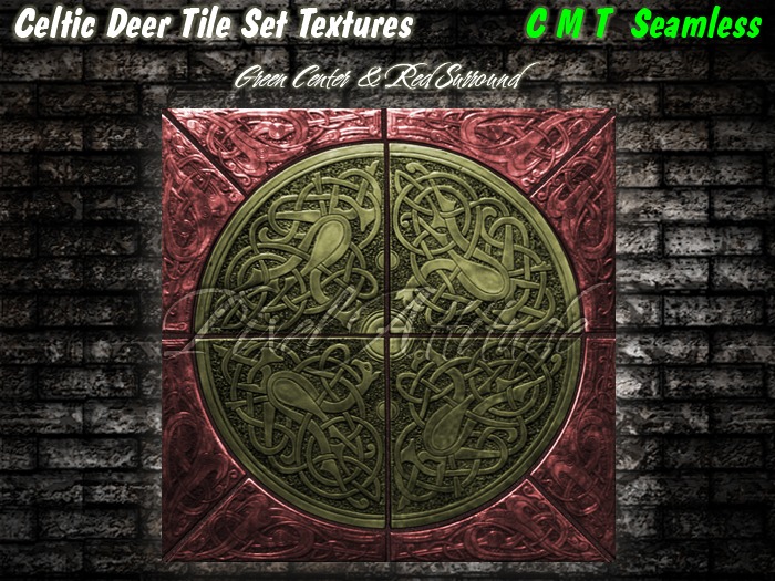 Celtic Deer Tile Set Green Center Red Surround 