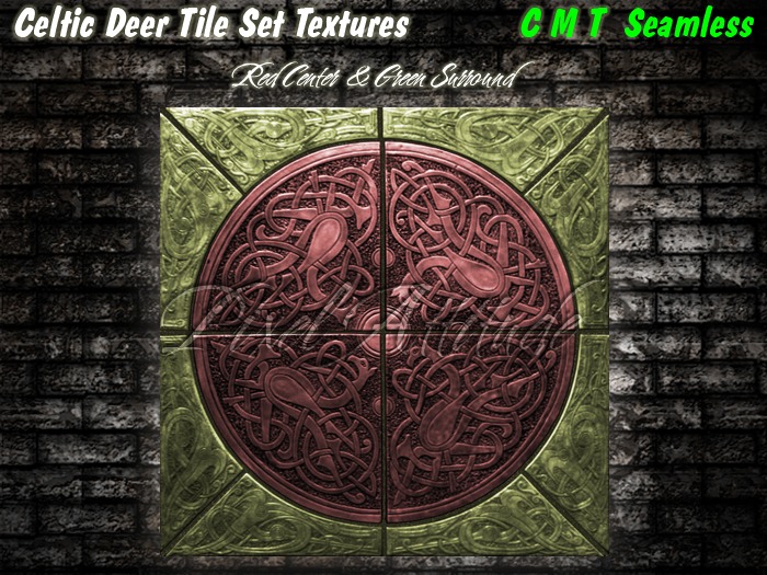 Celtic Deer Tile Set Red Center Green Surround 