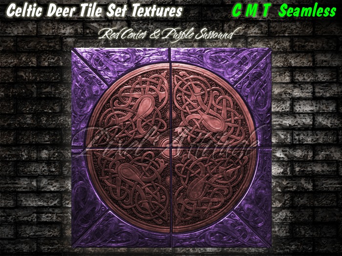 Celtic Deer Tile Set Red Center Purple Surround 